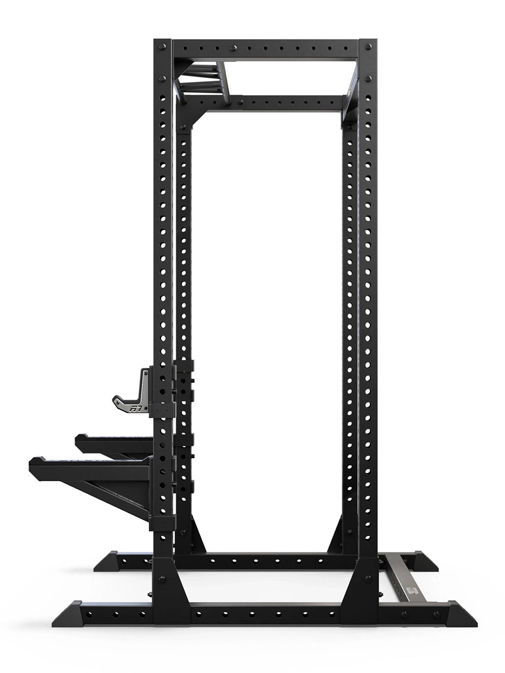 R7 Root Power Rack 88": 4-post R7 Cage with Performance J-Hooks and Spotter Arms, side view