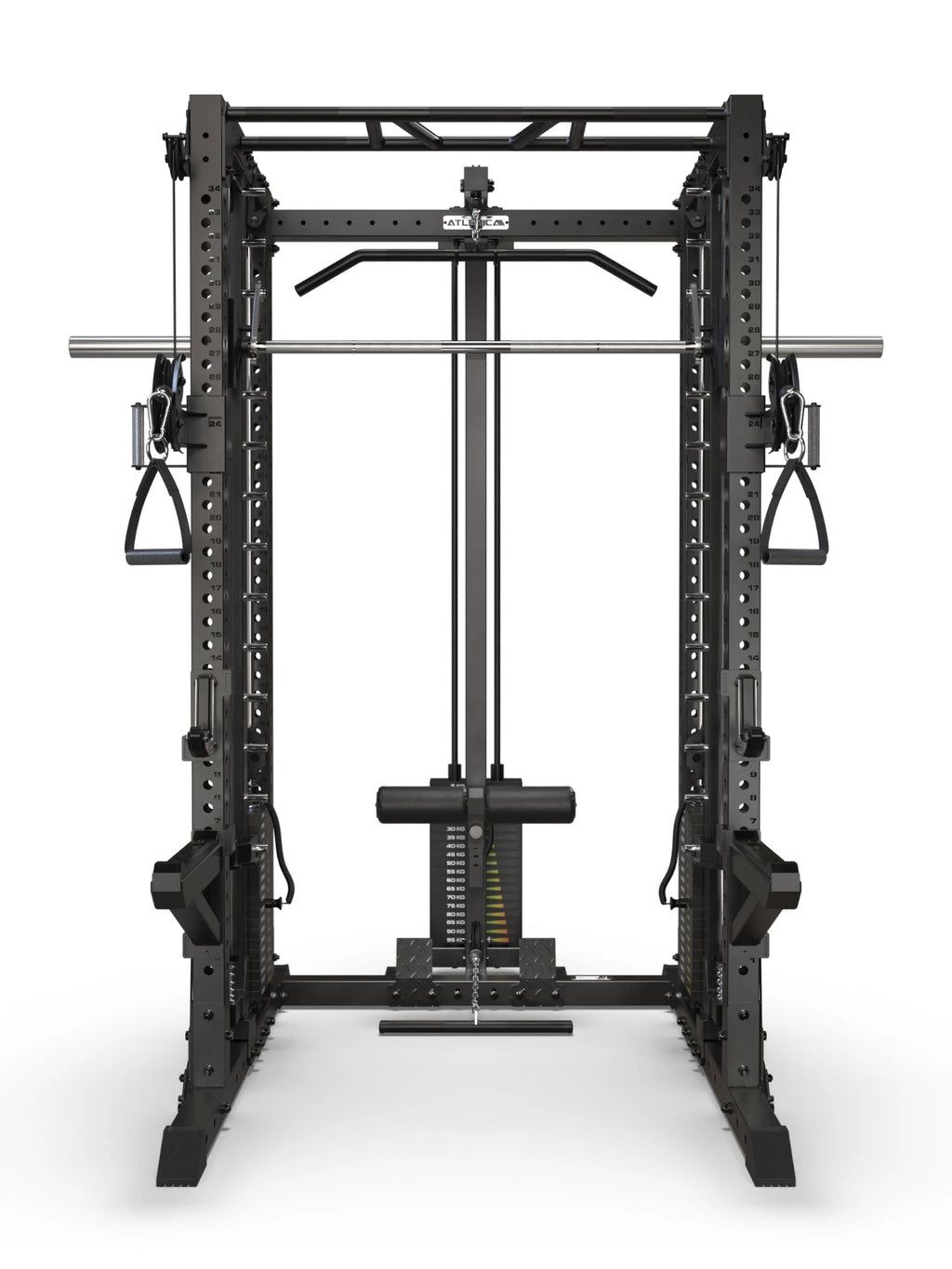 R7 Fighter Power Rack front view with lat pulldown, low row, Smith Machine and functional trainer