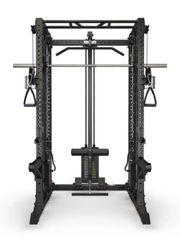 R7 Fighter Power Rack front view with lat pulldown, low row, Smith Machine and functional trainer