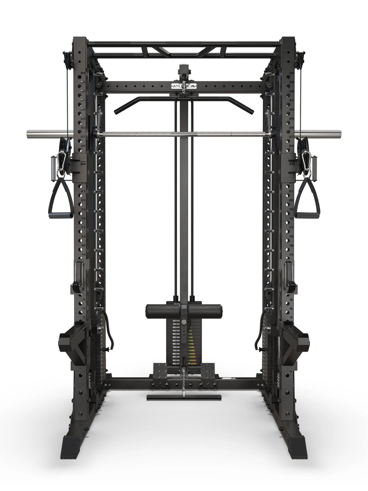 R7 Fighter Power Rack front view with lat pulldown, low row, Smith Machine and functional trainer