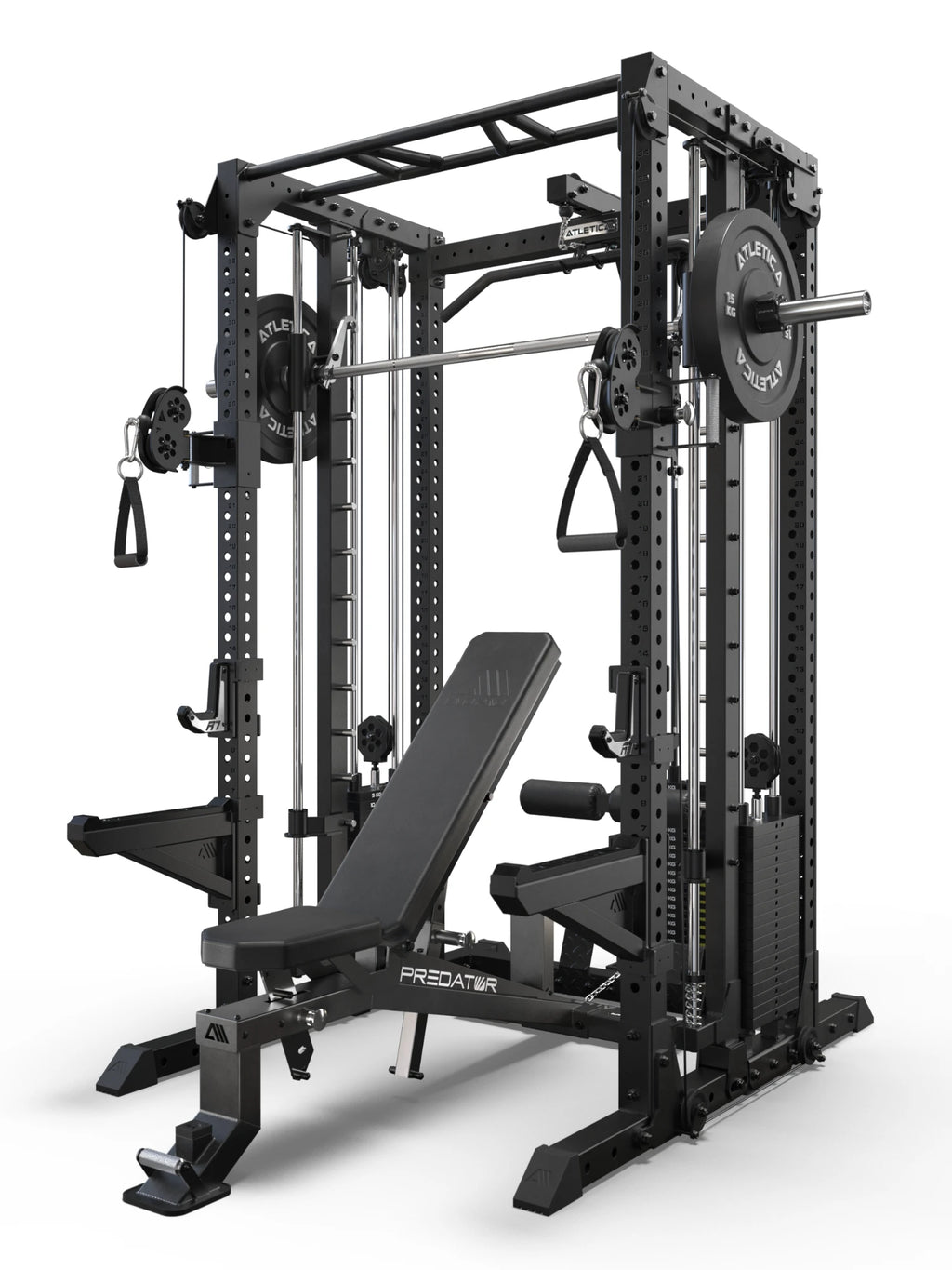 R7 Fighter Power Rack with lat pulldown and Predator Weight Bench, angled view