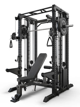 R7 Fighter Power Rack with lat pulldown and Predator Weight Bench, angled view