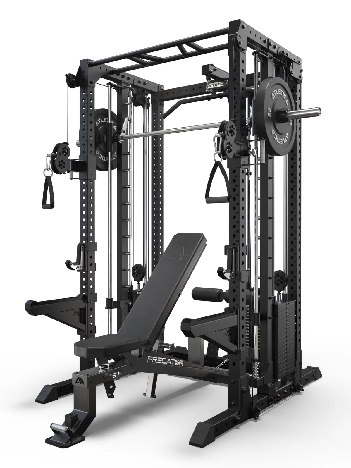 R7 Fighter Power Rack with lat pulldown and Predator Weight Bench, angled view