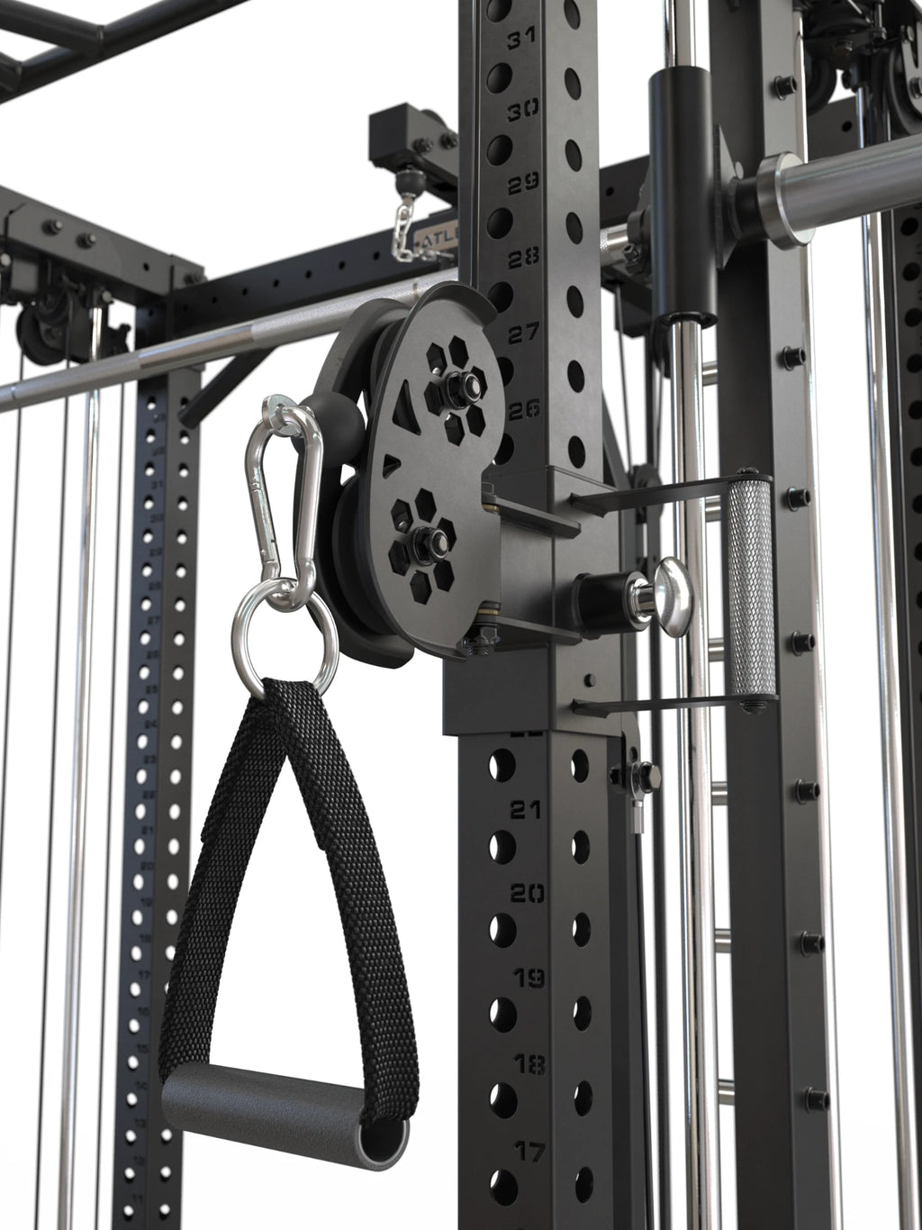 R7 Fighter cable pulley with single handle, carabiner and spring-loaded pop pin