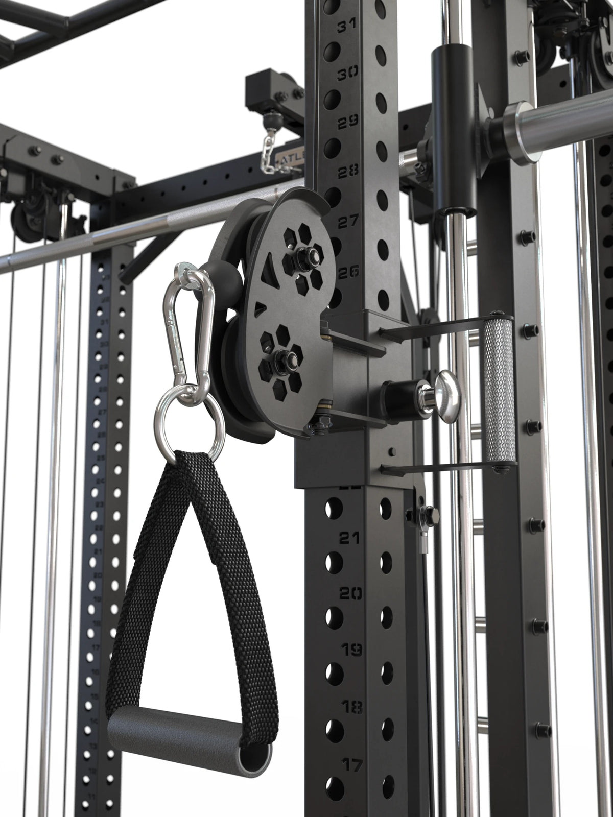 R7 Fighter cable pulley with single handle, carabiner and spring-loaded pop pin