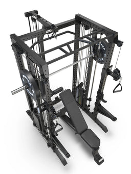 R7 Fighter Power Rack with Predator Weight Bench from above