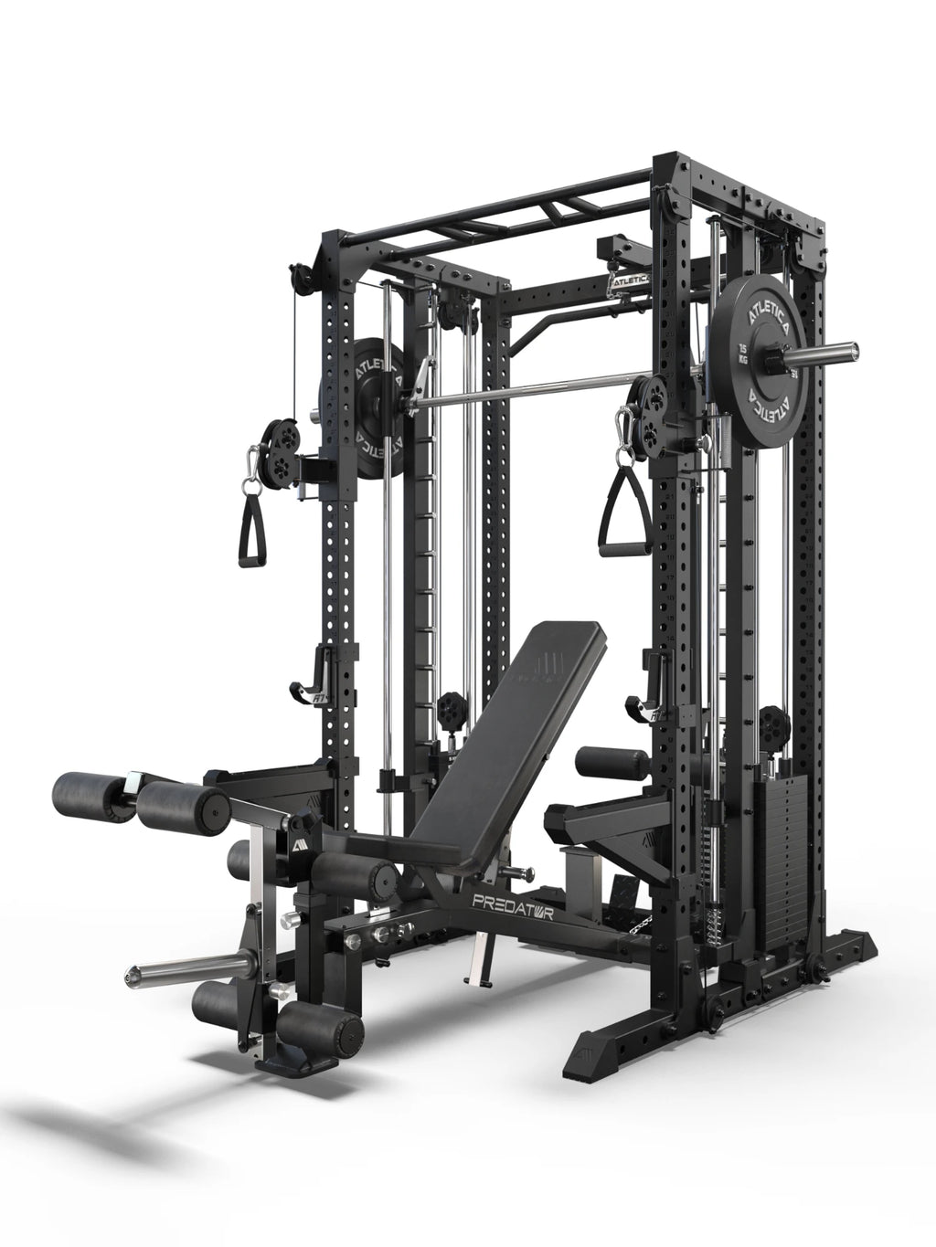 R7 EVO Fighter Power Rack with lat pulldown and Predator EVO Weight Bench with EVO Leg Option