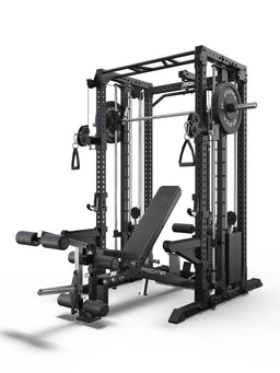 R7 EVO Fighter Power Rack with lat pulldown and Predator EVO Weight Bench with EVO Leg Option
