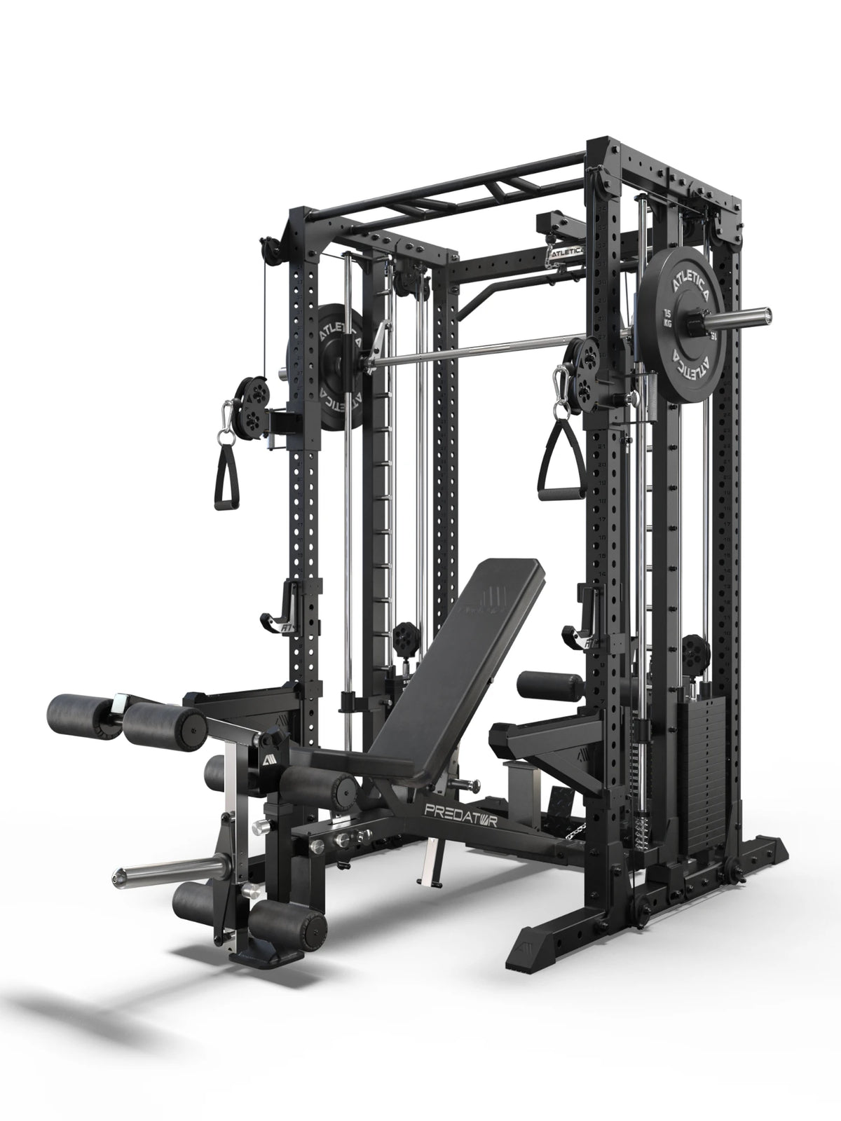 R7 EVO Fighter Power Rack with lat pulldown and Predator EVO Weight Bench with EVO Leg Option