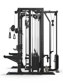 R7 Fighter Power Rack side view with lat pulldown tower and weight stacks