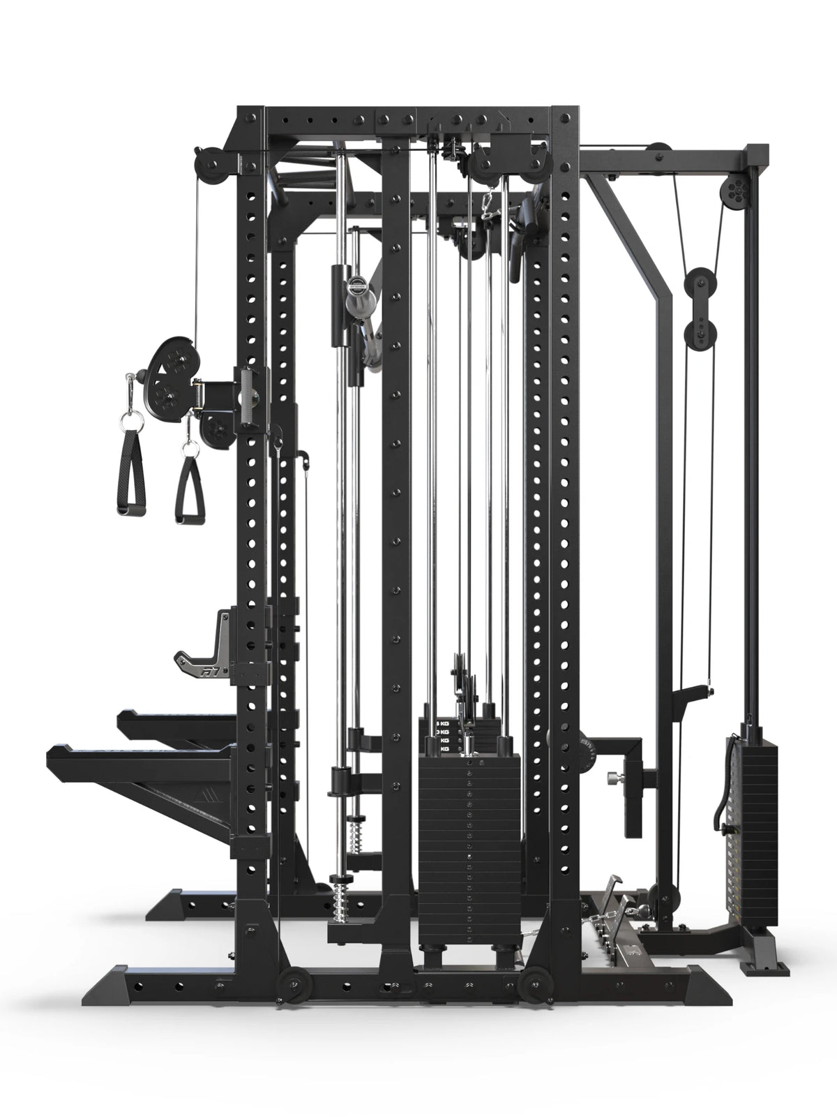 R7 Fighter Power Rack side view with lat pulldown tower and weight stacks