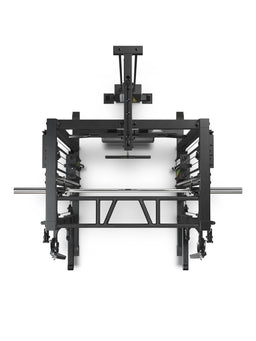 R7 Fighter Power Rack top view with lat pulldown and Multi-Grip Pull-Up Bar