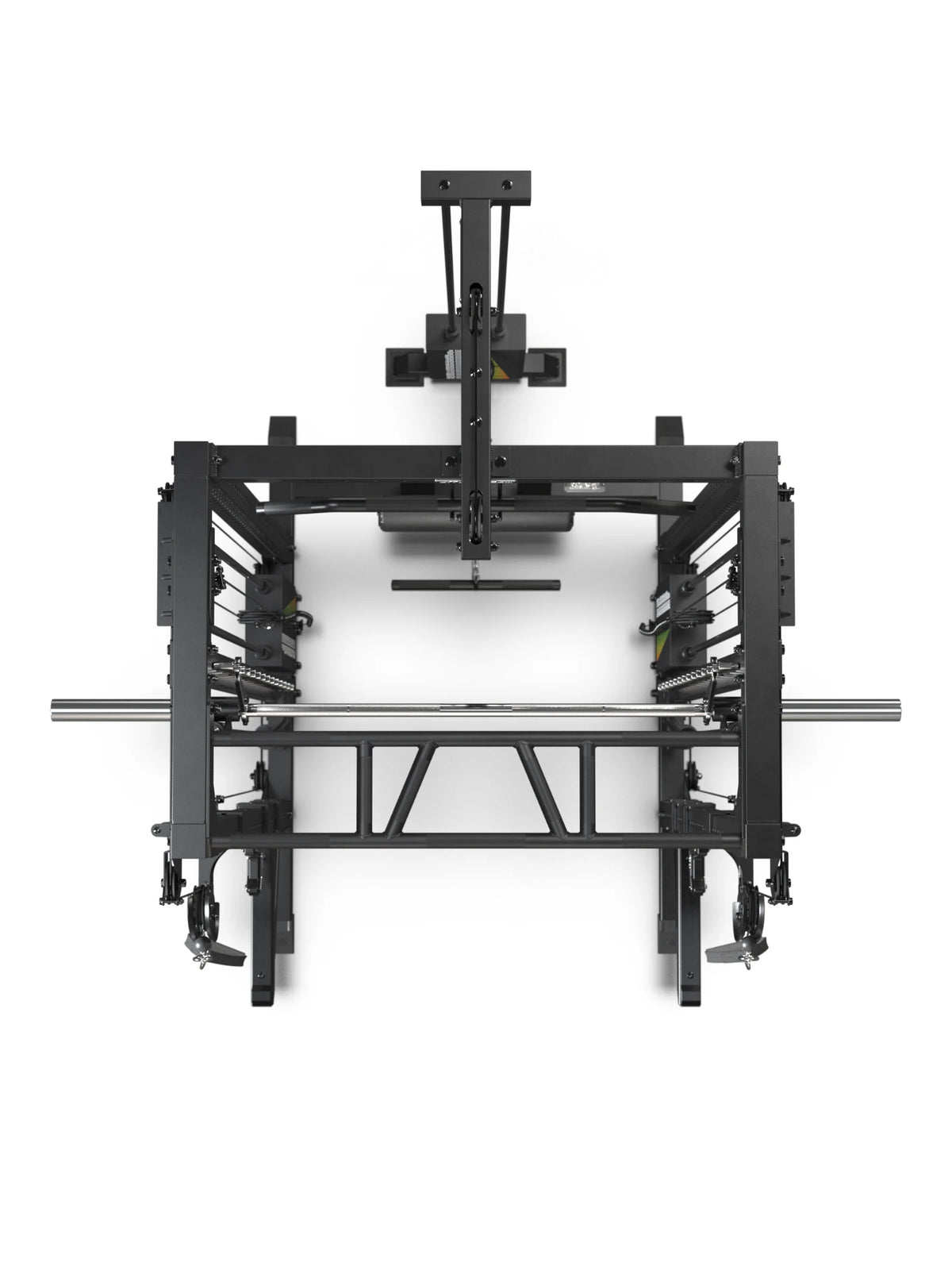R7 Fighter Power Rack top view with lat pulldown and Multi-Grip Pull-Up Bar