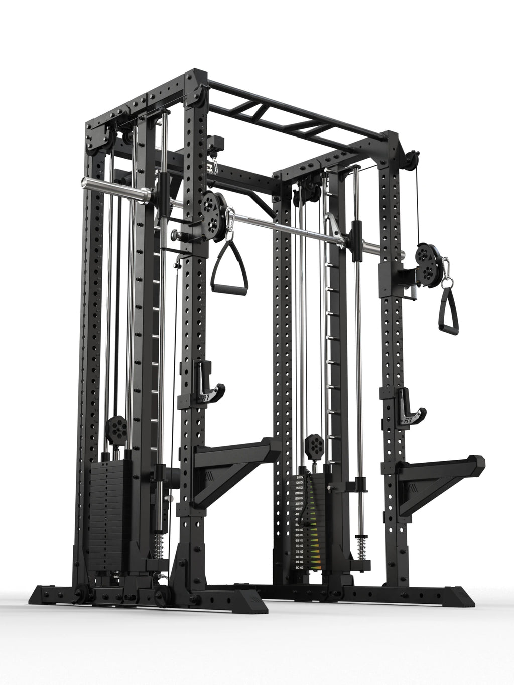 R7 Fighter Power Rack rear angled view with weight stacks and Smith Machine