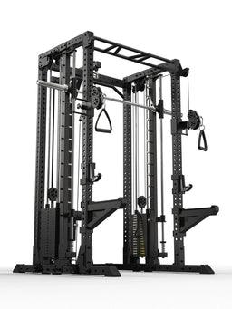 R7 Fighter Power Rack rear angled view with weight stacks and Smith Machine
