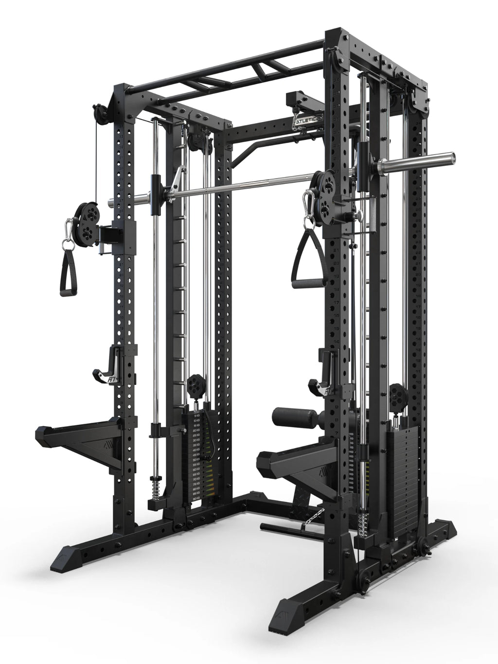 R7 Fighter Power Rack angled view with lat pulldown, Smith Machine and cable pulleys
