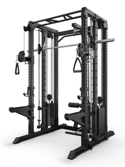 R7 Fighter Power Rack angled view with lat pulldown, Smith Machine and cable pulleys
