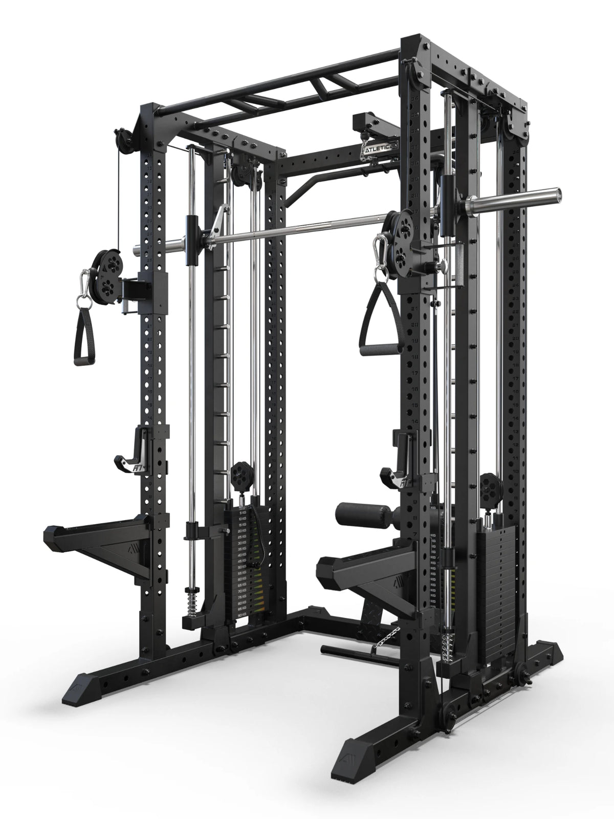 R7 Fighter Power Rack angled view with lat pulldown, Smith Machine and cable pulleys