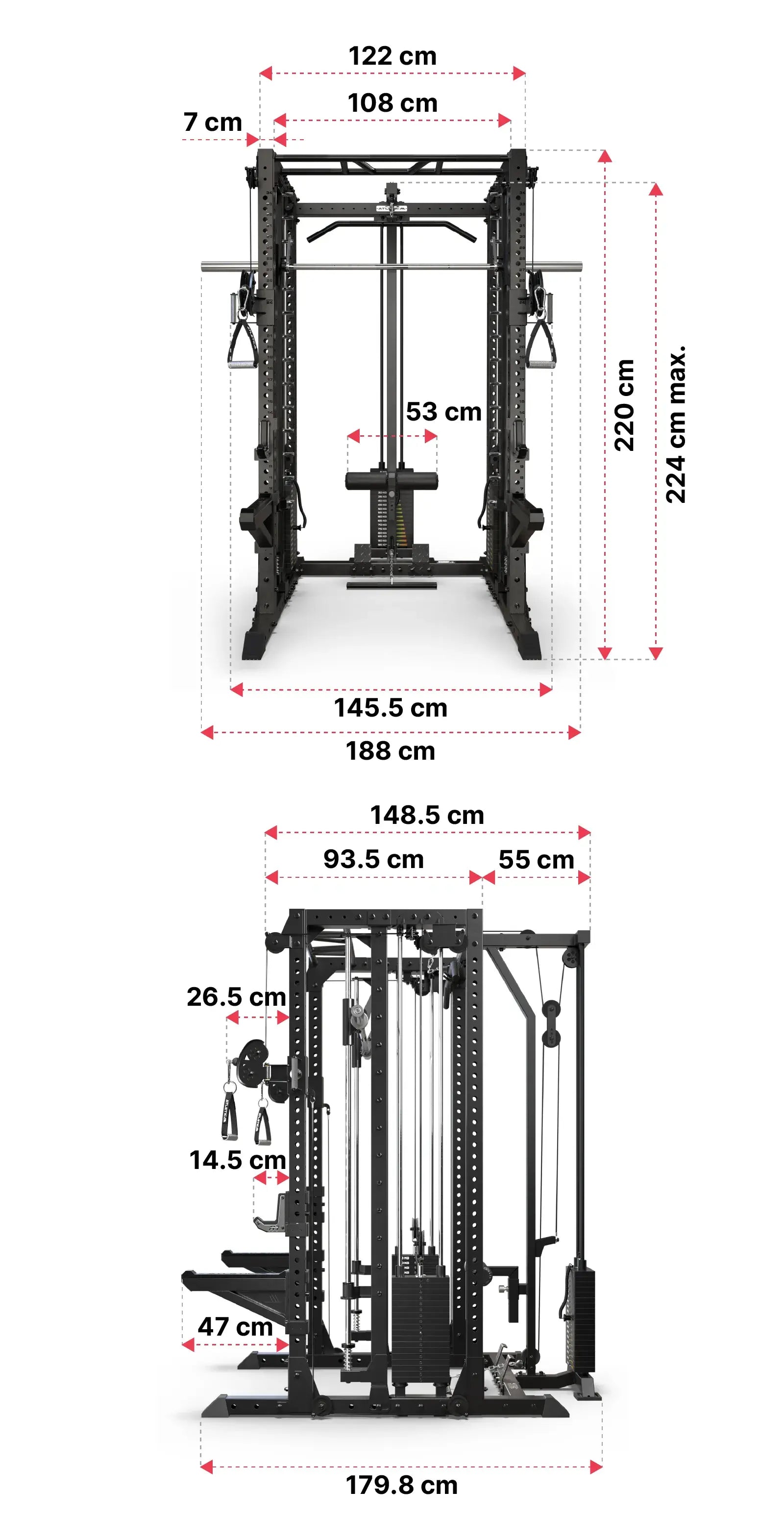 Atletica R7 Fighter Power Rack - Maßangaben