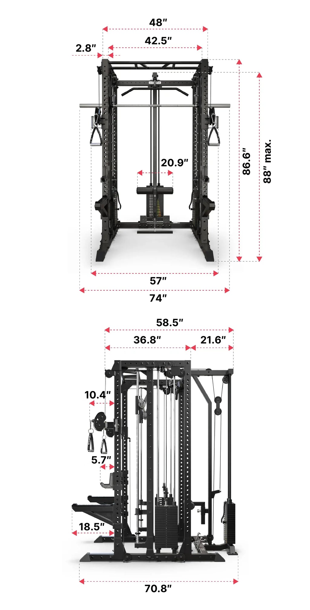 R7 EVO Fighter Power Rack with lat pulldown and Predator EVO Weight Bench with EVO Leg Option