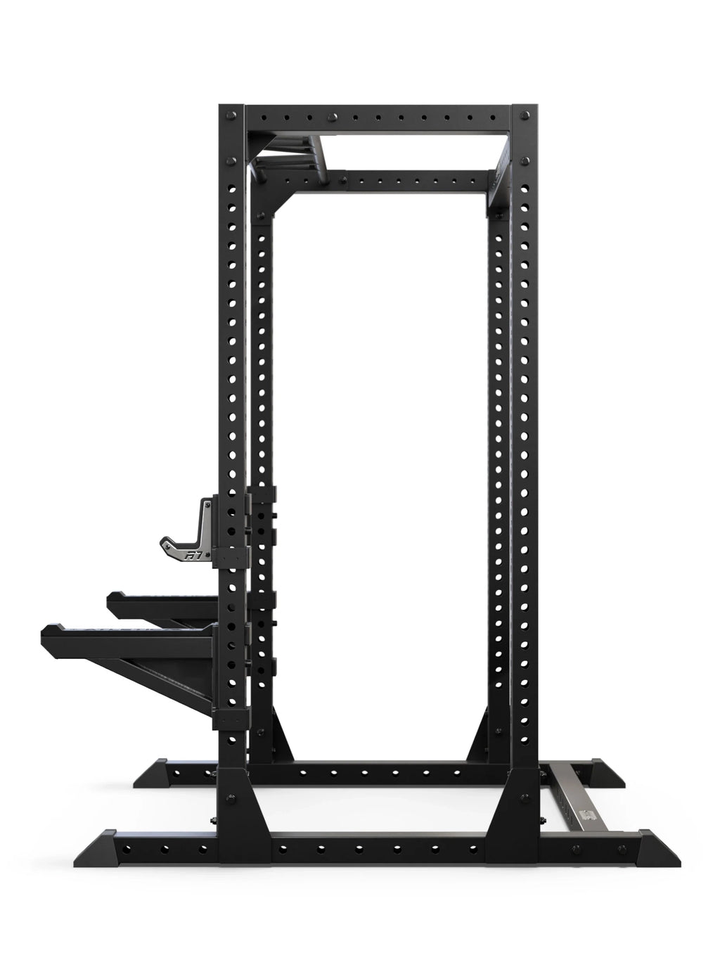 R7 Root Power Rack 80": 4-Post R7 Cage with Performance J-Hooks and Spotter Arms, Side View