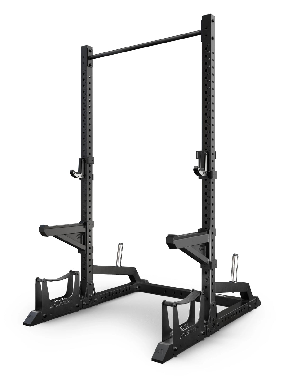 ATLETICA R7 Half Rack – angled view with J-Hooks Performance, spotter arms, deadlift station and plate storage