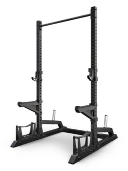 ATLETICA R7 Half Rack – angled view with J-Hooks Performance, spotter arms, deadlift station and plate storage