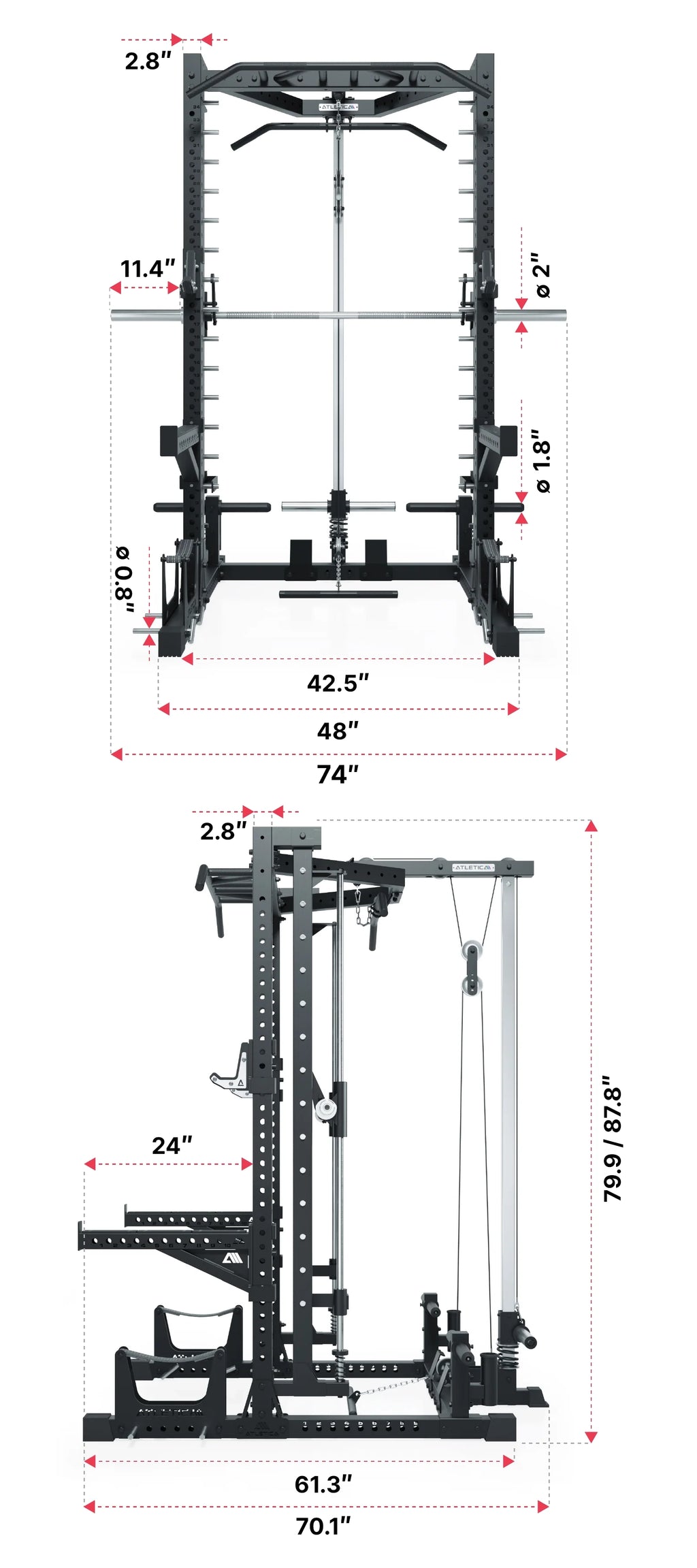 Atletica R7 Nemesis Squat Rack Plate Loaded with Smith Machine, pull-up bar and Deadlift Station