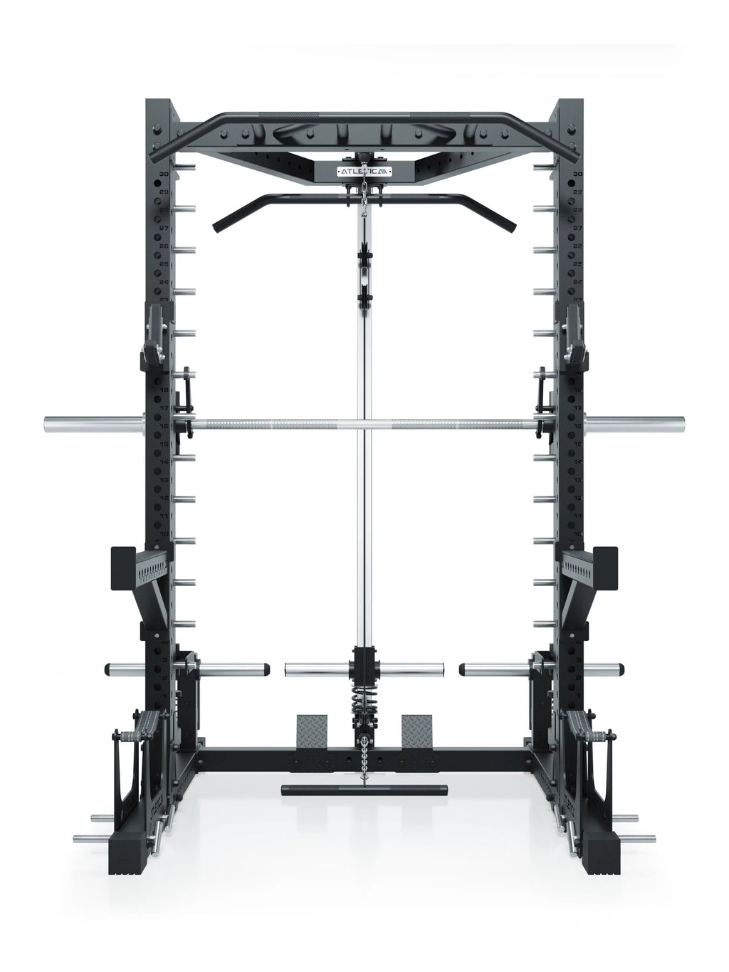R7 Nemesis Squat Rack Plate Loaded with Smith Machine, pull-up bar, Safety Spotter Arms, for full-body strength training
