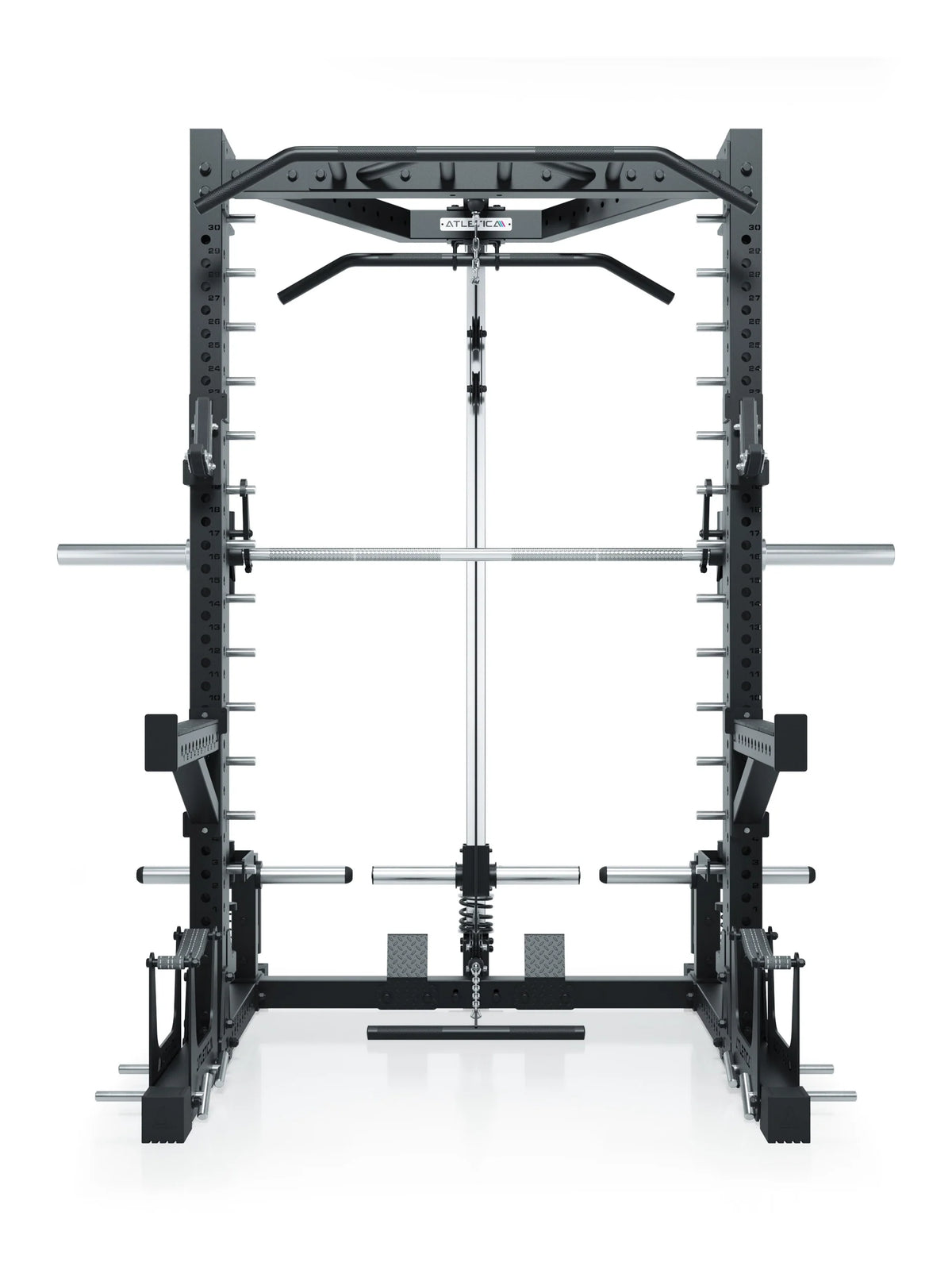R7 Nemesis Squat Rack Plate Loaded with Smith Machine, pull-up bar, Safety Spotter Arms, for full-body strength training 