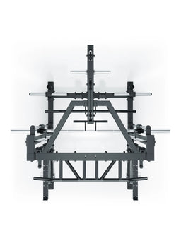R7 Nemesis Squat Rack with multiple weight plate holders, robust metal frame