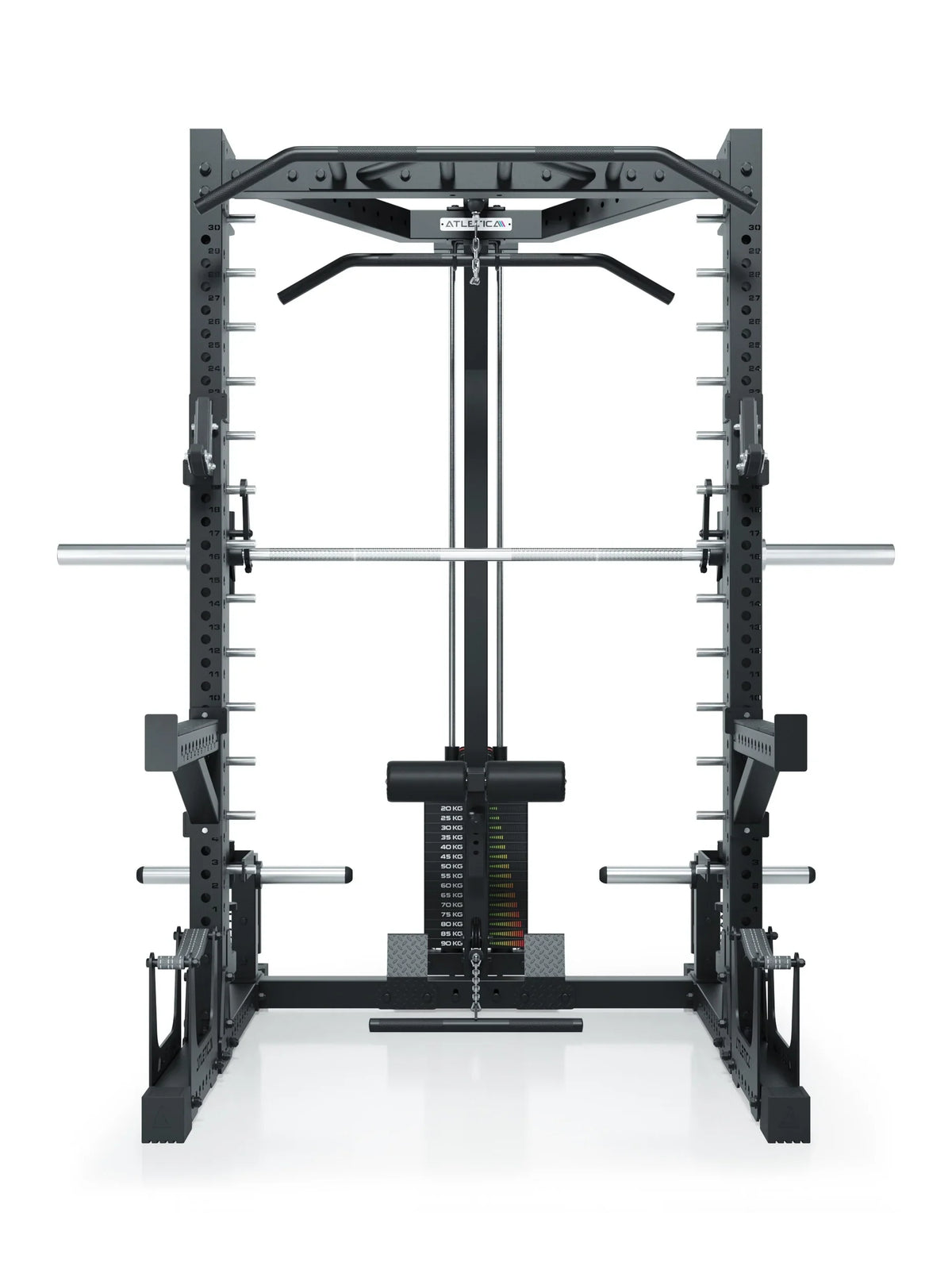 R7 Nemesis Squat Rack with lat pulldown, weight plate holder, weight stack, pull-up bar 