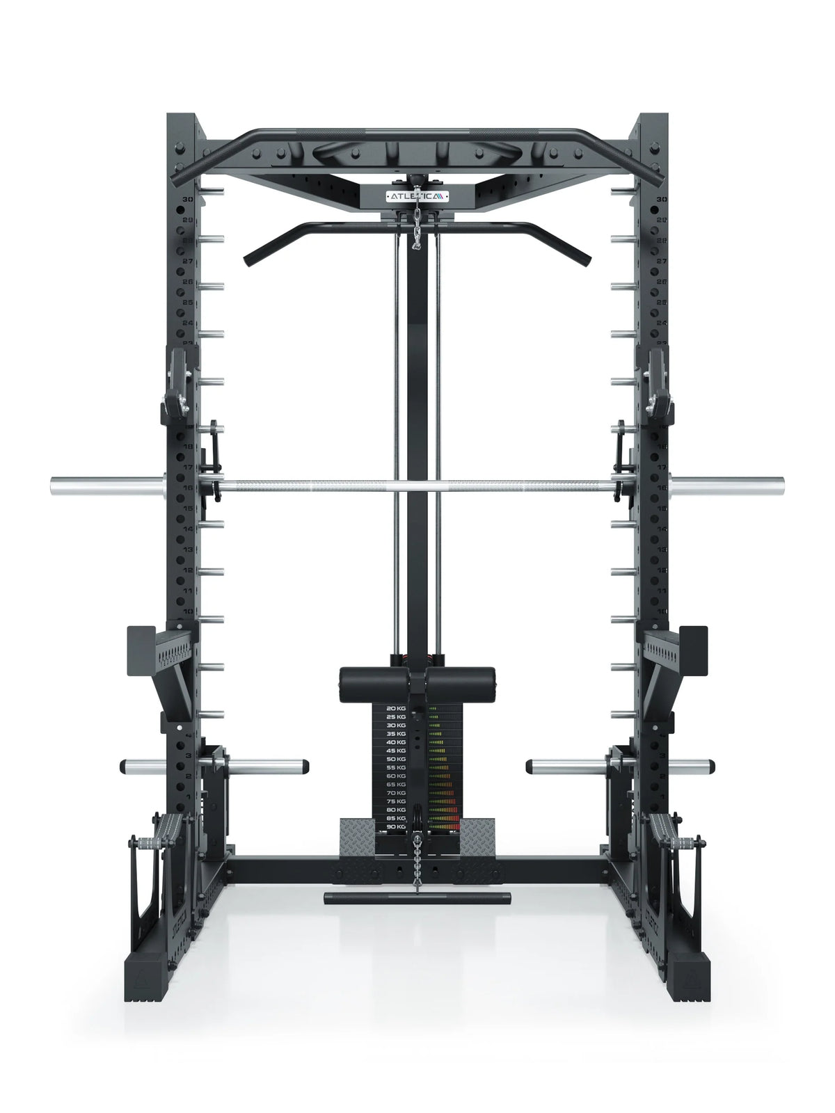 R7 Nemesis Squat Rack with lat pulldown, weight plate holder, weight stack, pull-up bar 