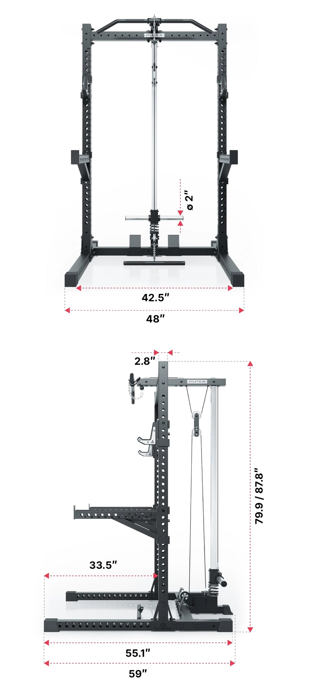 ATLETICA R7 Rider Plate Loaded squat rack with cable tower – angled front view