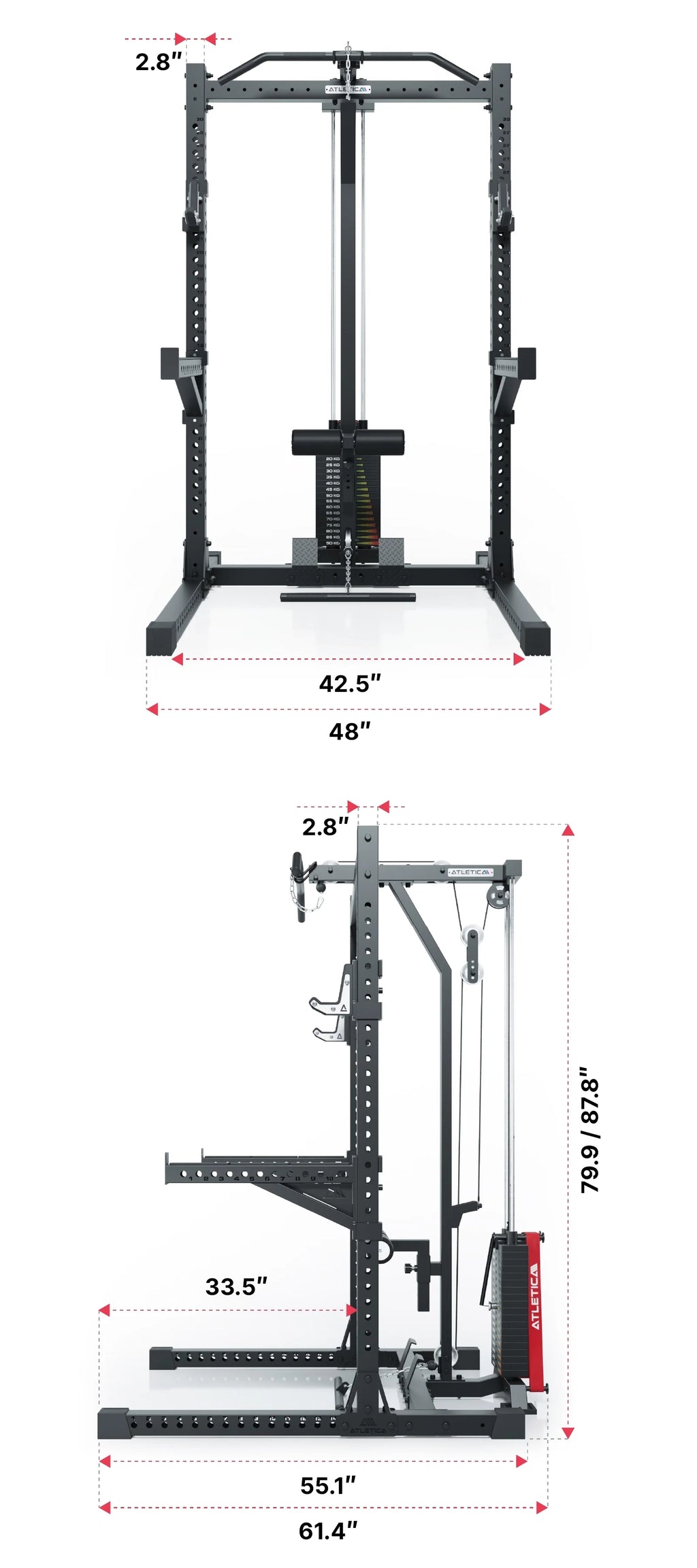 ATLETICA R7 Rider Plate Loaded squat rack with cable tower – angled front view