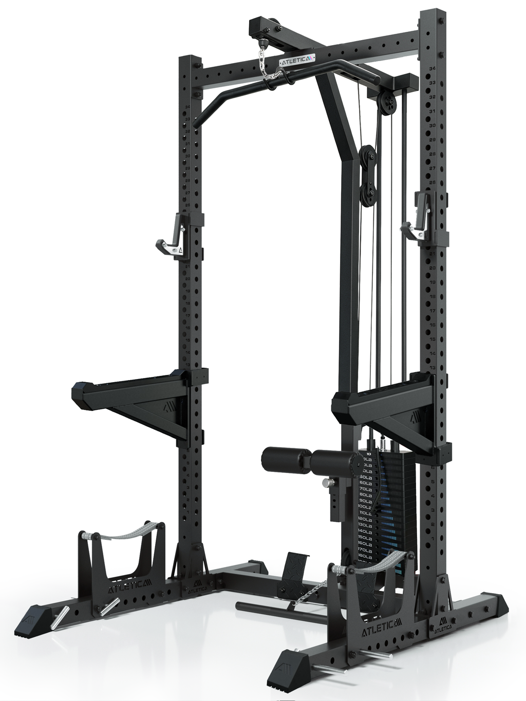 ATLETICA R7 Rider Weight Stack squat rack with cable tower – angled front view