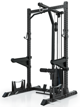ATLETICA R7 Rider Weight Stack squat rack with cable tower – angled front view