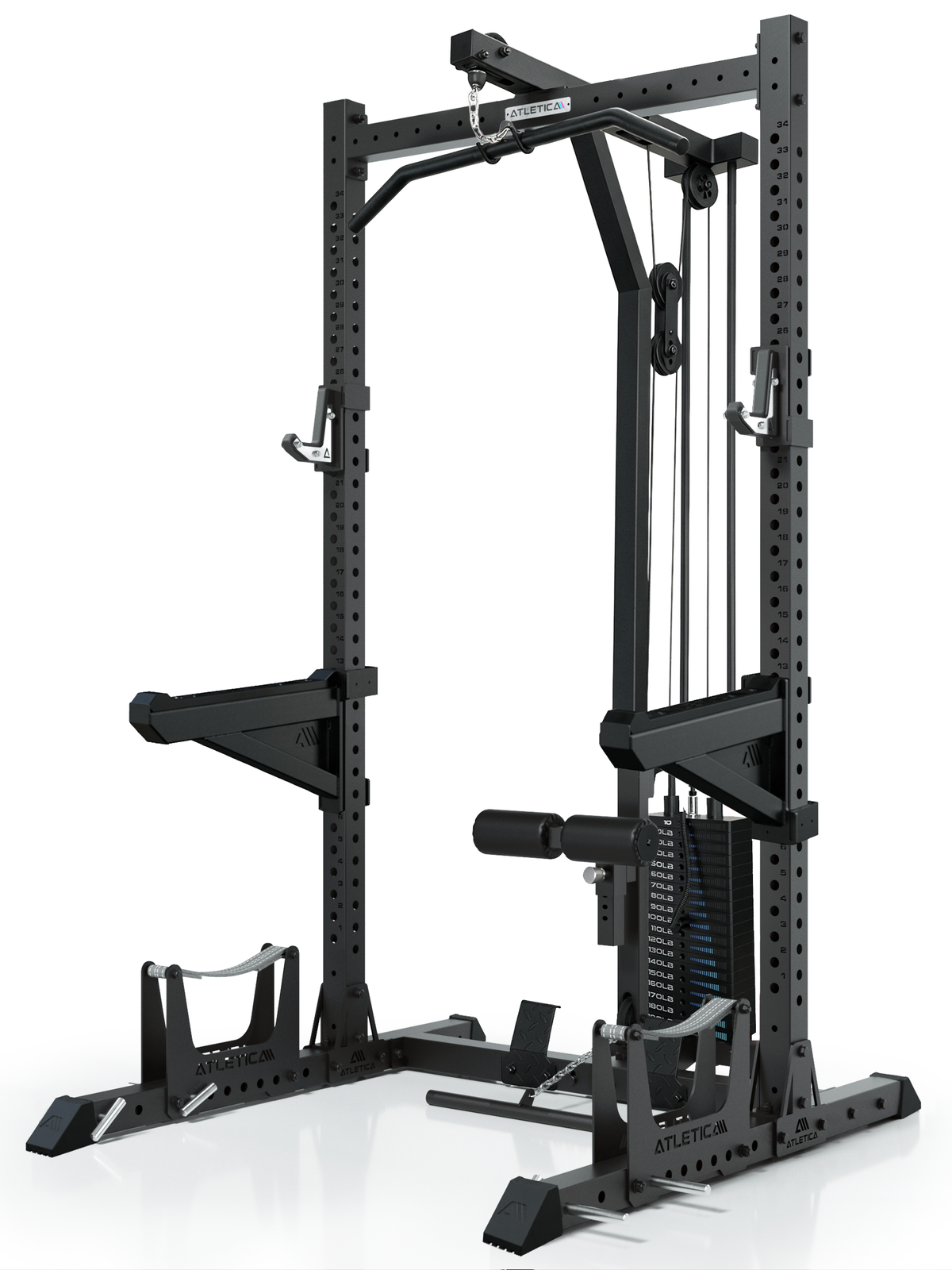 ATLETICA R7 Rider Weight Stack squat rack with cable tower – angled front view