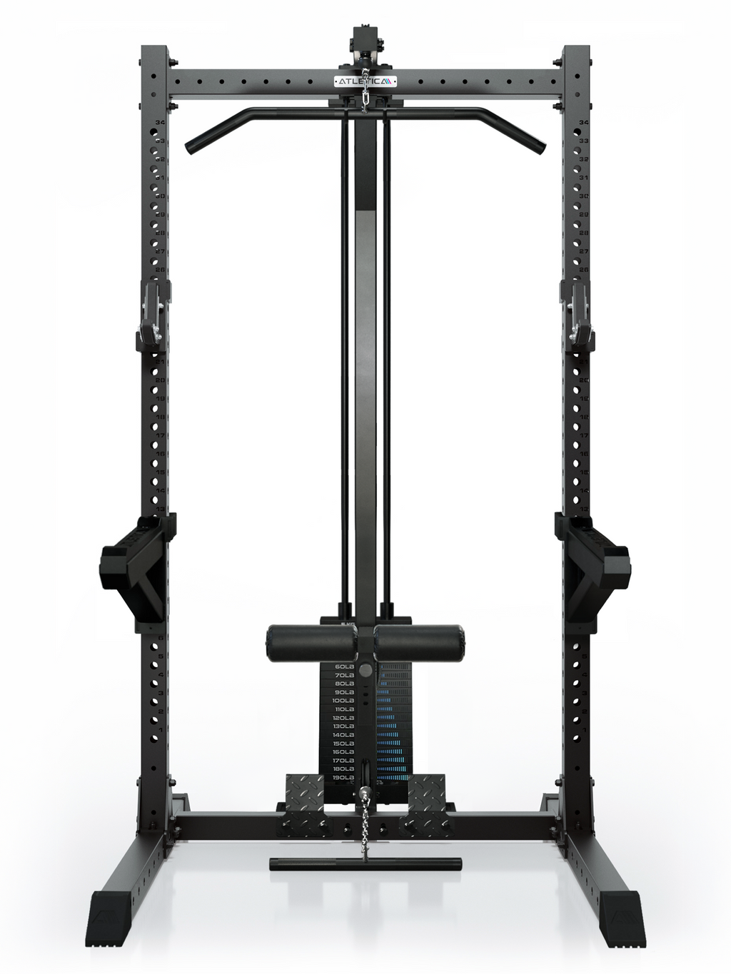 ATLETICA R7 Rider Weight Stack – front view with lat pulldown and low row