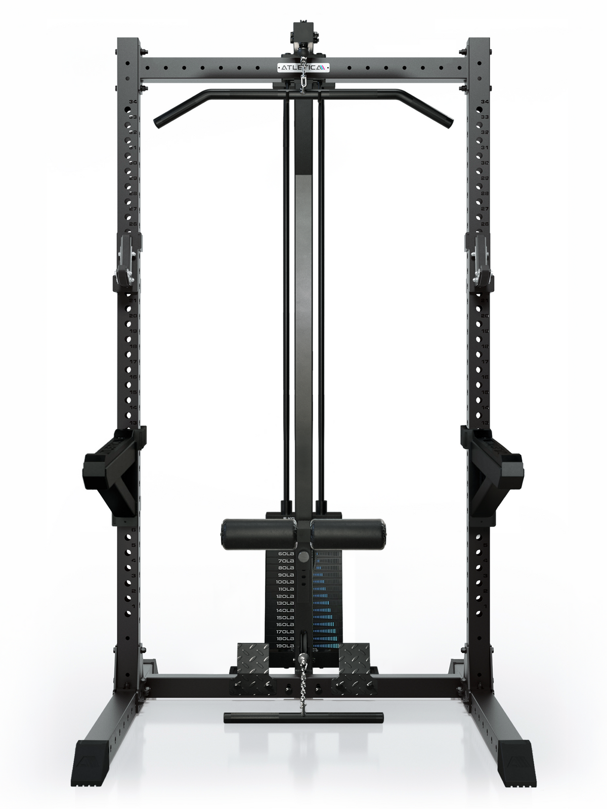 ATLETICA R7 Rider Weight Stack – front view with lat pulldown and low row