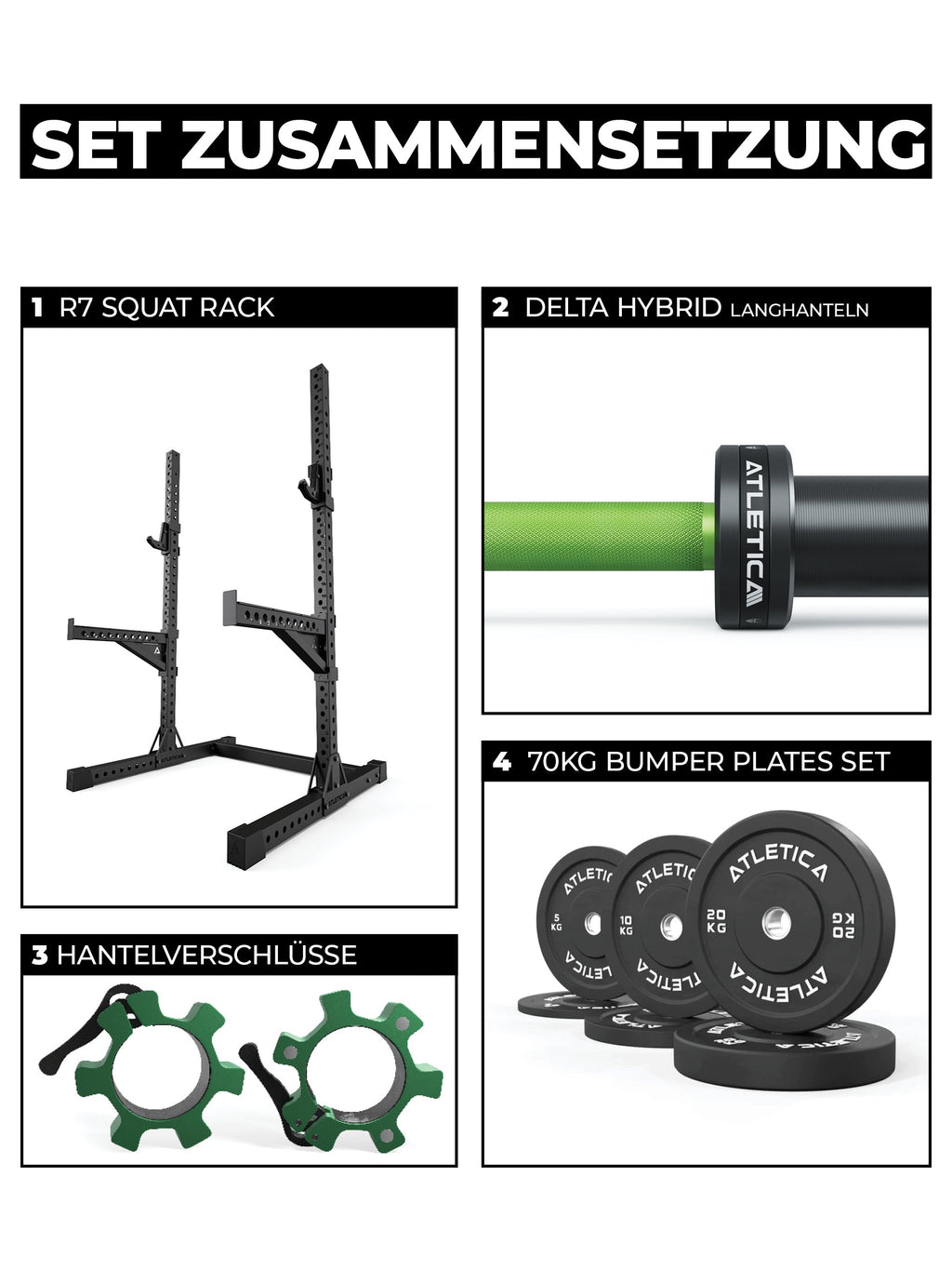 Squat Rack Force Set R7: Barbell, 155 lb Bumper Plates, Collars