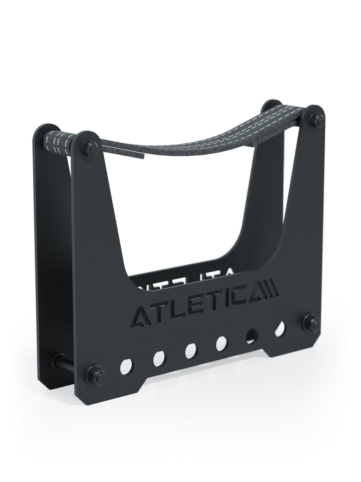 Atletica R7 Squat Rack Deadlift Station made of black steel with adjustable safety strap for barbell training