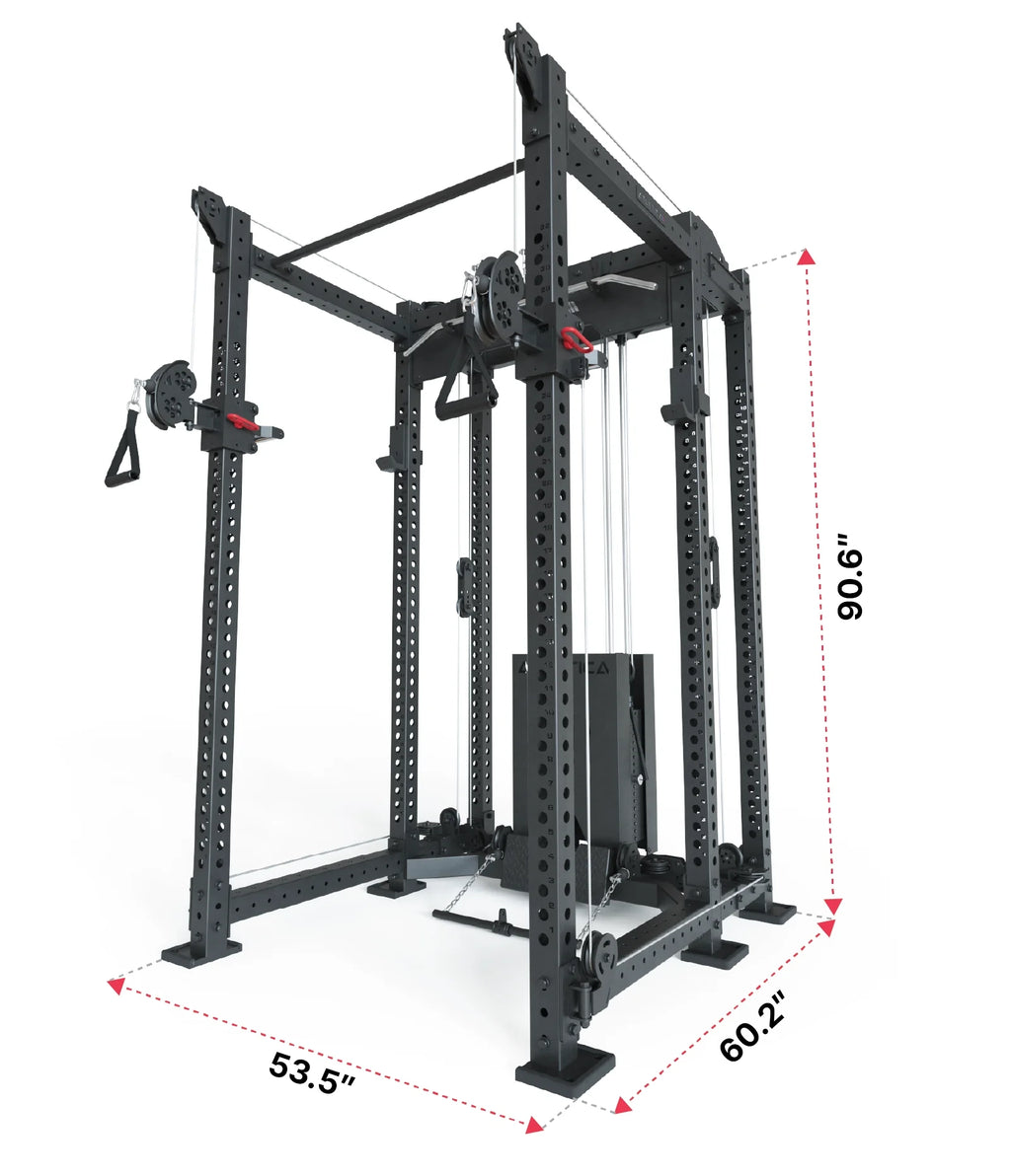 R8 Alpha Power Rack color option Sportscar Red, red uprights with black cable crossover and weight stack