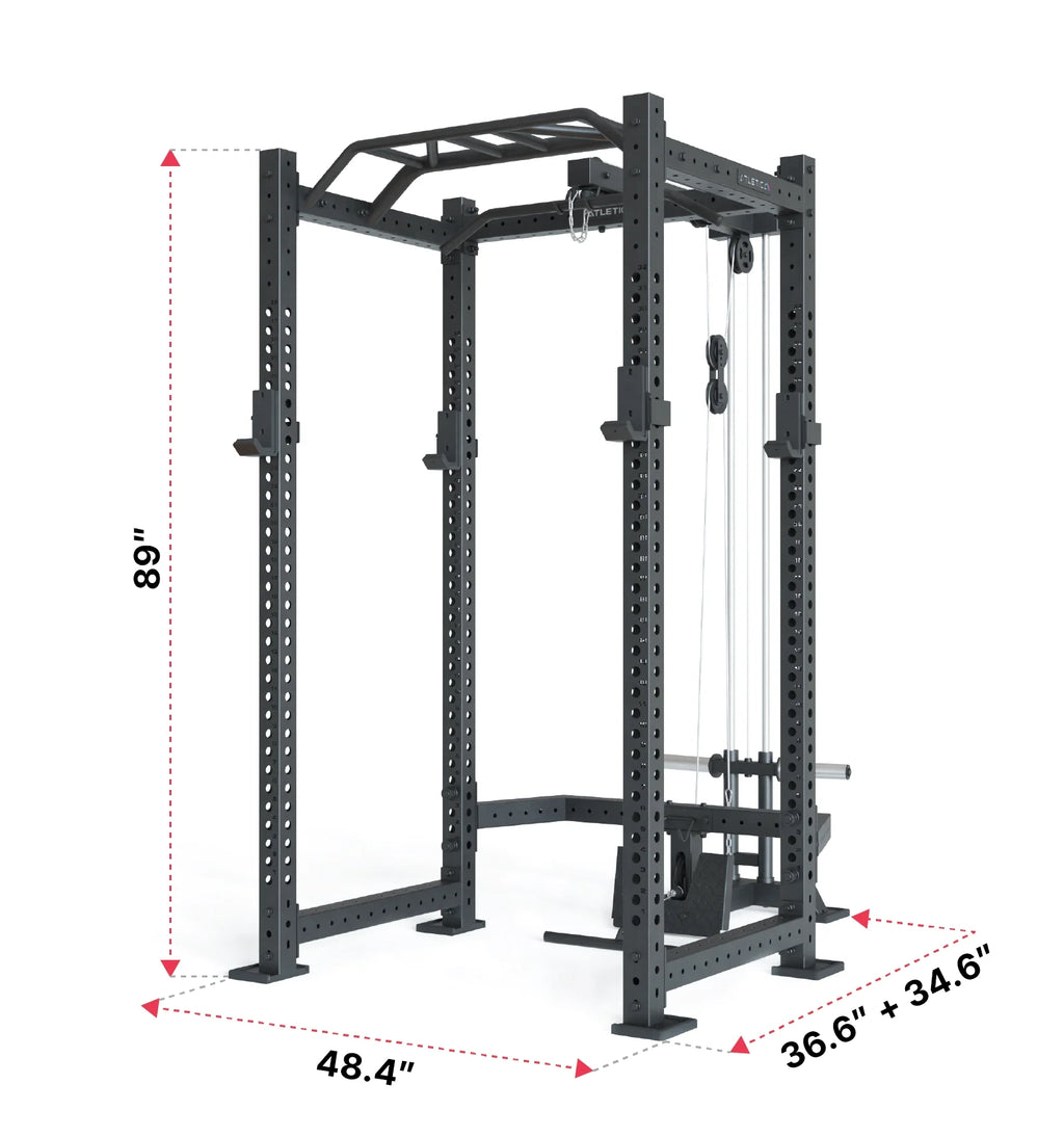 Atletica R8 BlackHawk - Black power rack with pull-up bar, cable pulley, weight plate holders