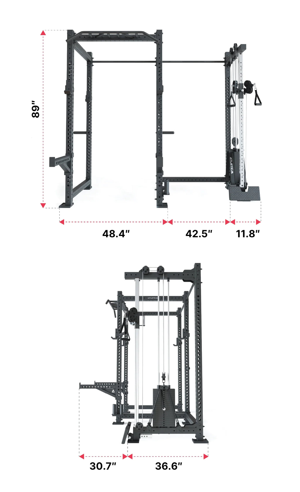 Atletica R8 Drift PRO Power Rack - black rack with pull-up bar, cable pulley tower, weight stack