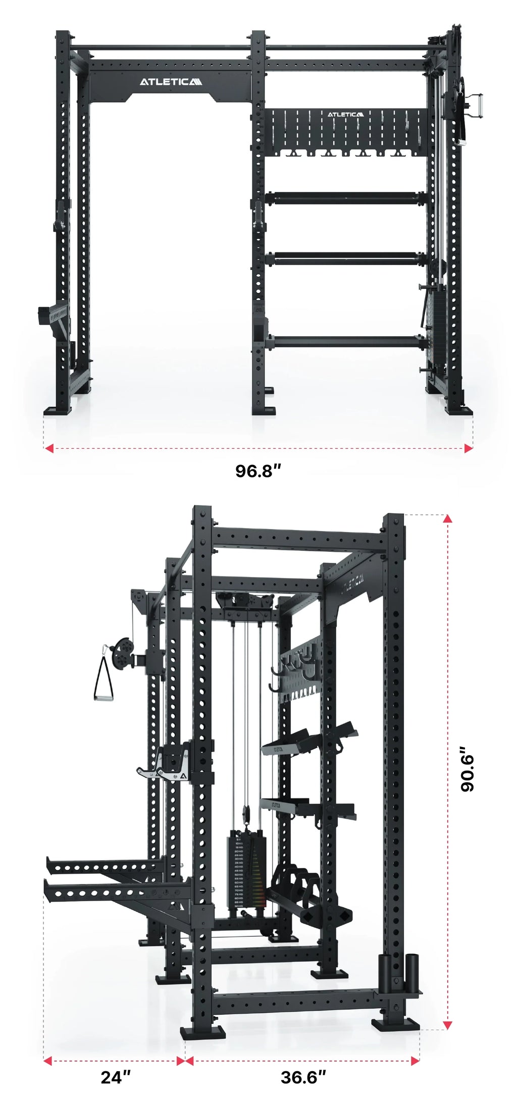 Atletica R8 Falcon R - Black Power Rack with Cable Pulley, Pull-Up Bar and storage for weight plates and dumbbells 