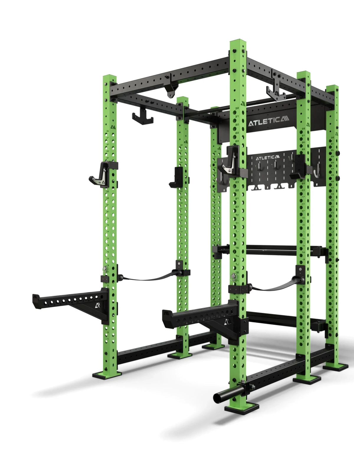 Atletica R8 Utile power rack, electric green uprights, angled view, close-up
