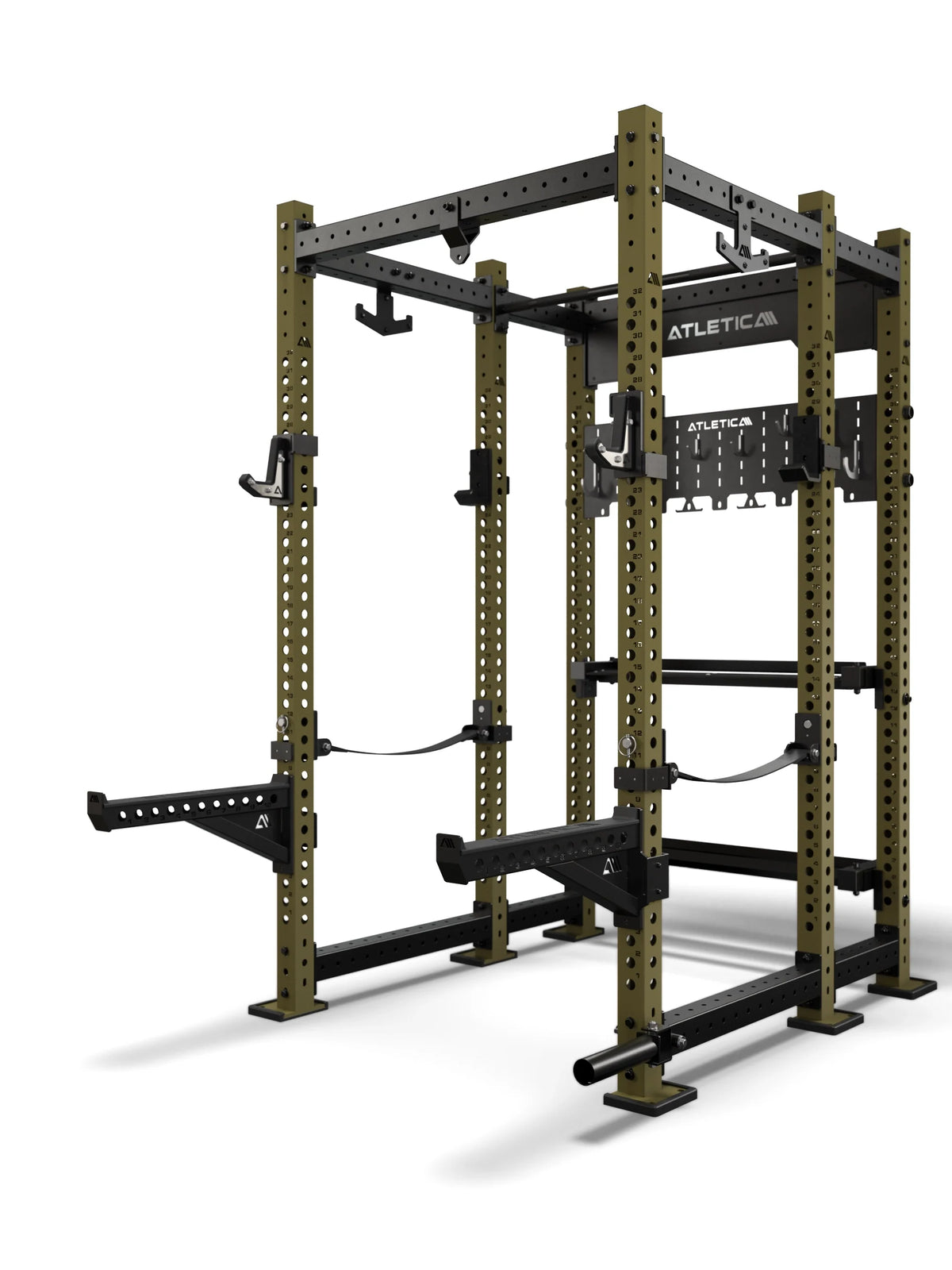 Atletica R8 Utile power rack, military green uprights, angled front view