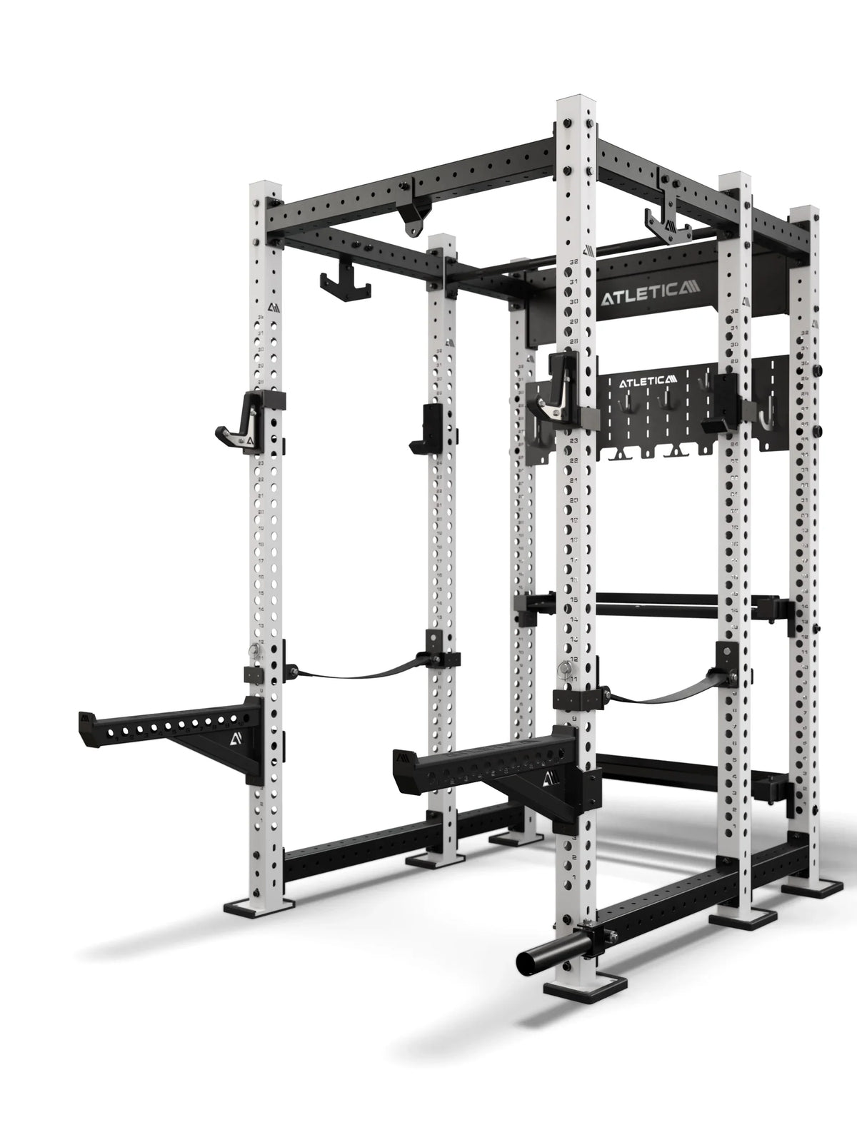 Atletica R8 Utile power rack, white uprights, angled view, close-up