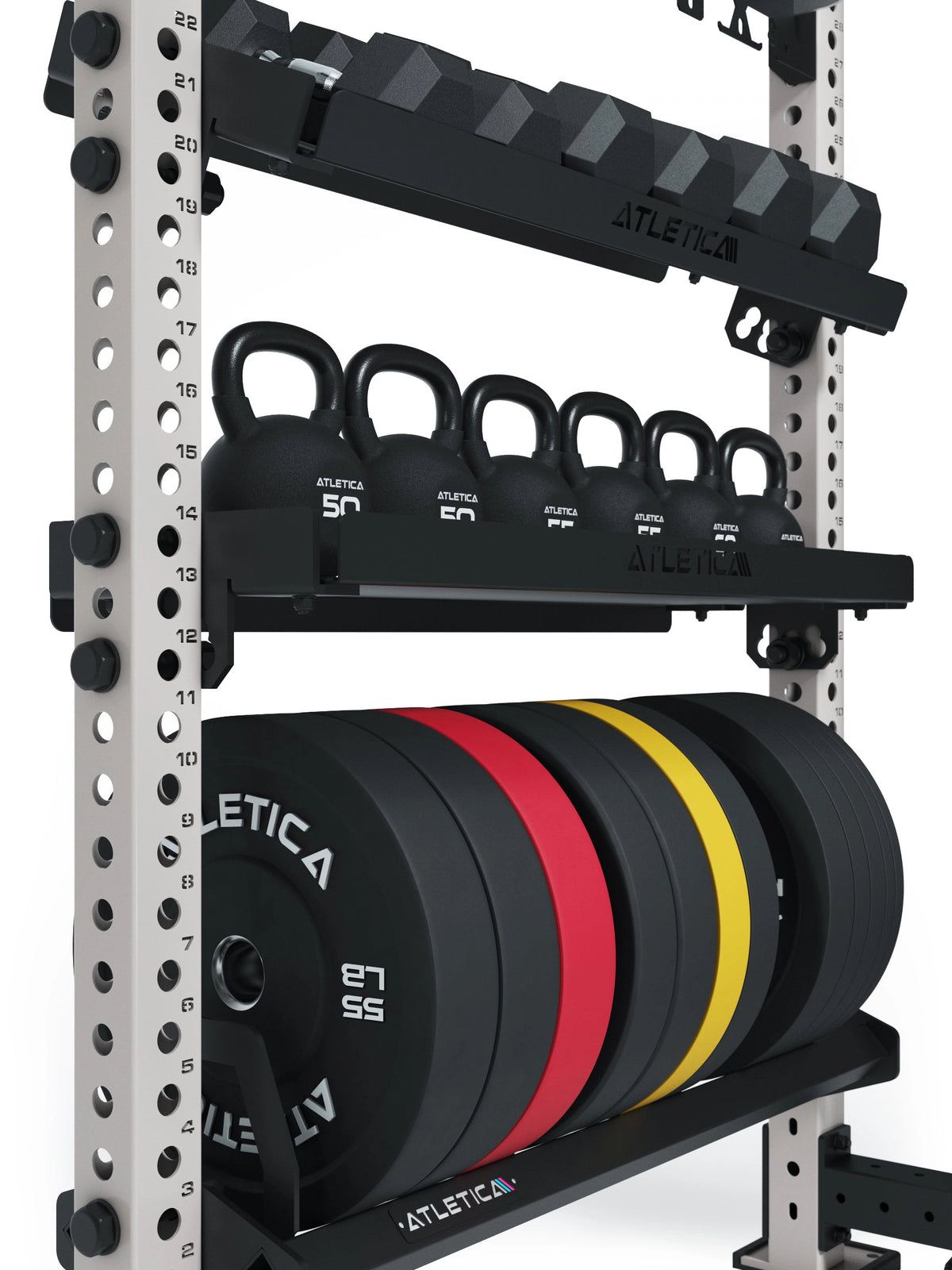 R8 storage with dumbbells, kettlebells and weight plates on the R8 rack